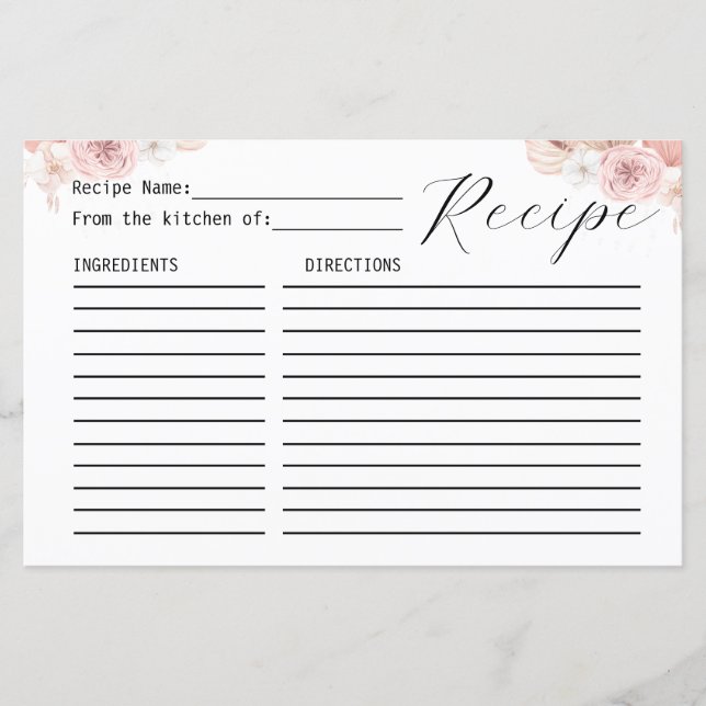Carte Recette Boho Rose Blanc & Gris Florals Boho (Devant)