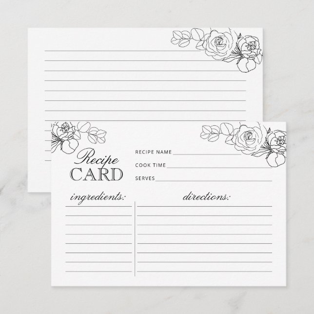 Carte Recette Fête des mariées Fleur Noir et Blanc (Devant / Derrière)