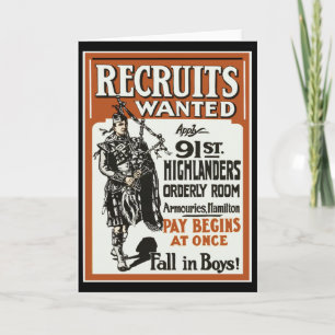 Carte Recrutement 91e Highlanders Bagpiles Première Guer