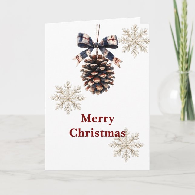 Carte Red Blue Plaid Cream Bow Pine Cone Christmas (Devant)