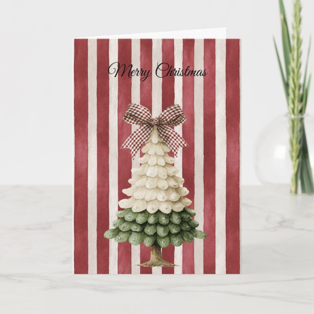 Carte Red Bow Stripes Christmas Green Cream Tree (Devant)