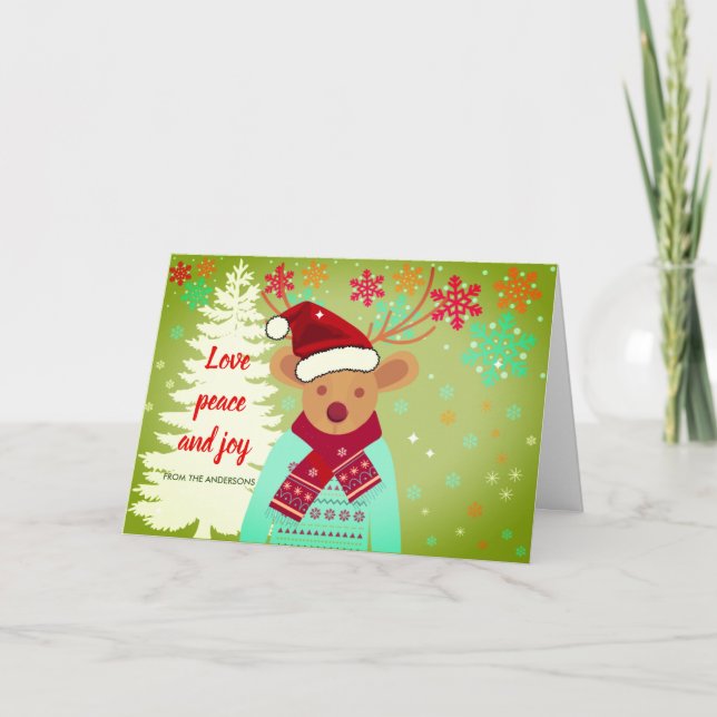 Carte Red Cute Reindeer Christmas Tree Snowflake Vintage (Devant)