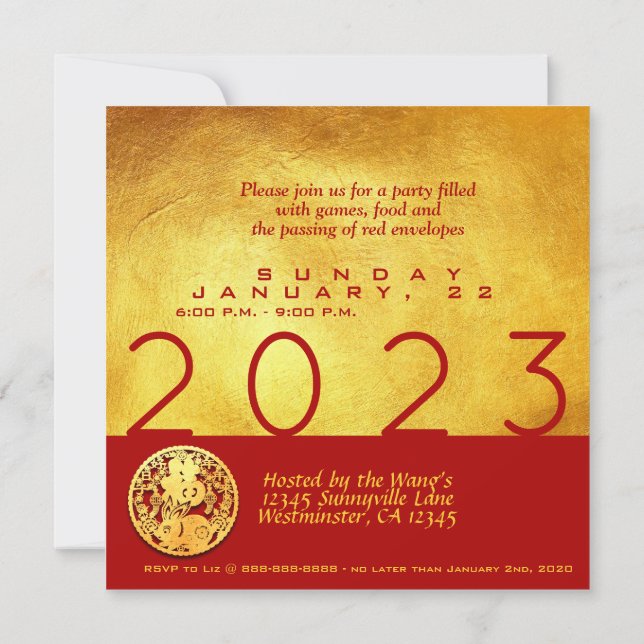 Carte Red Gold Chinois Rabbit découpe papier 2023 Party  (Dos)
