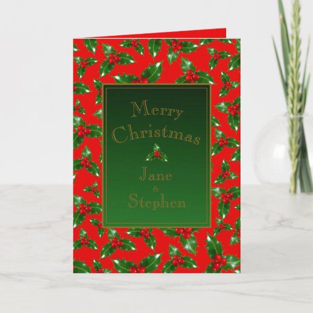 Carte Red Gold Green Holly Berry Motif - Personnalisé (Devant)
