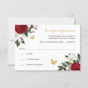 Carte Red Gold Quinceañera RSVP en espagnol