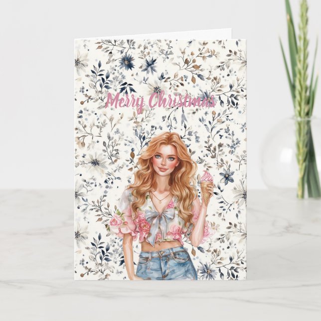 Carte Red Hair Girl Blue Floral Christmas (Devant)