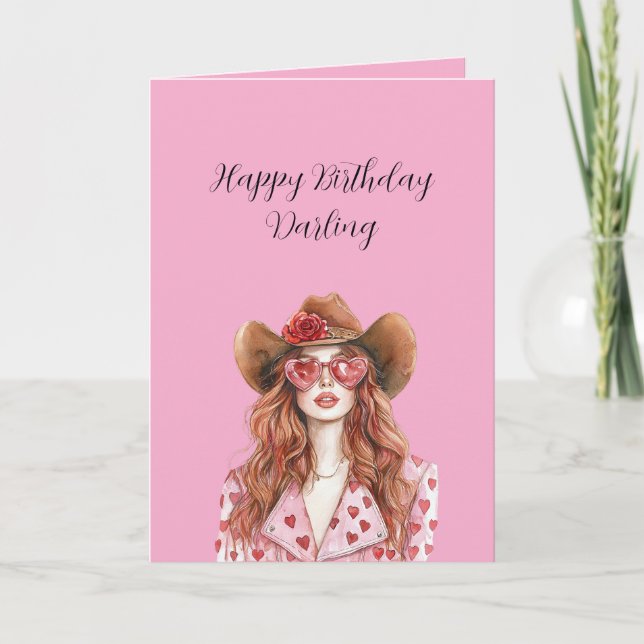Carte Red Head Lady Cowgirl Hearts Birthday (Devant)