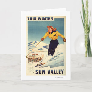 Carte Red-headed Woman Smiling and Skiing Poster