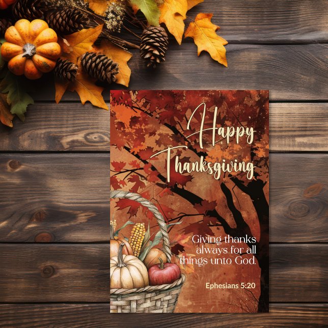Carte Red Leaf Canopy Ephésiens 5:20 Bon thanksgiving (Leafy canopy harvest Bible verse Thanksgiving Card)