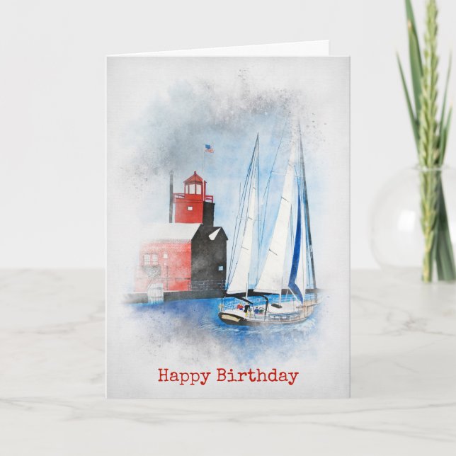 Carte Red Lighthouse et voilier Anniversaire (Devant)