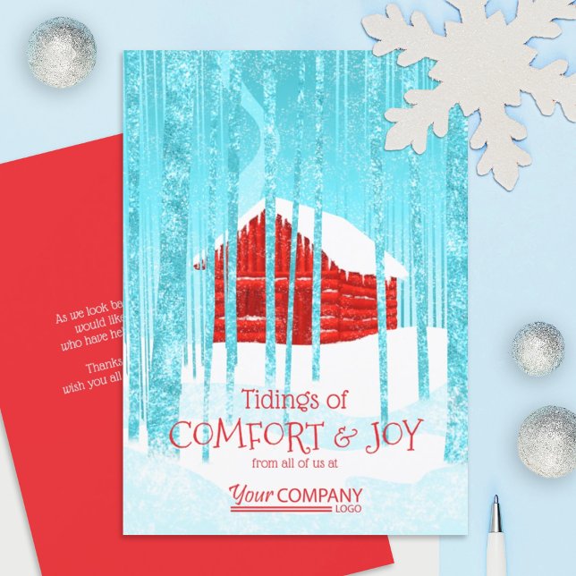 Carte Red Logo Entreprise Fêtes de Noël (red, turquoise cabin red logo company holiday greeting card, forest trees Christmas cards )