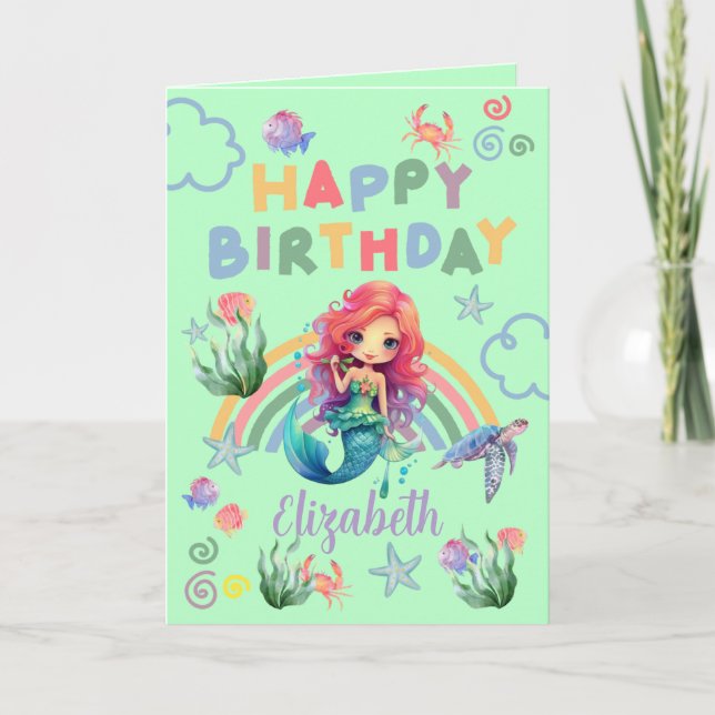 Carte Red Mermaid Birthday Card in Green (Devant)