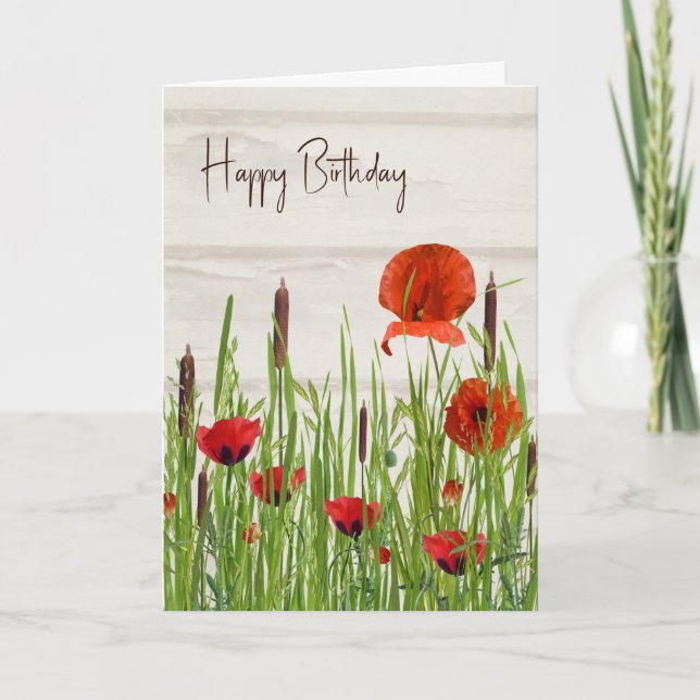 Carte Red Poppy et Cattails Anniversaire (Devant)