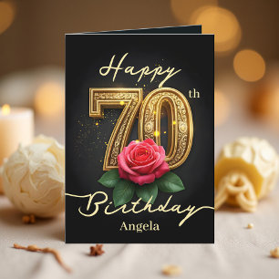 Carte Red Rose and Gold Filigree Numéro 70e anniversaire