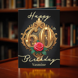 Carte Red Rose and Gold Scrollwork Numéro 60e anniversai