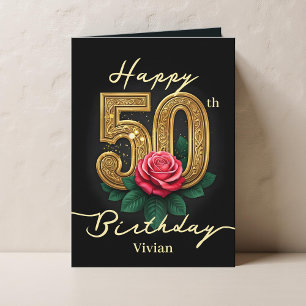 Carte Red Rose et Gold Filigree Numéro 50e anniversaire