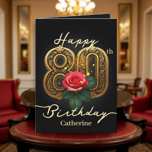 Carte Red Rose et Gold Filigree Numéro 80e anniversaire