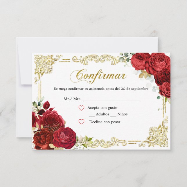 Carte Red Rose Gold Quinceañera RSVP (Devant)