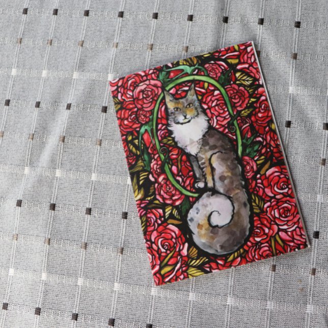 Carte Red Roses Maine Coon Kitty Chat Art Rose Jardin Ch (Créateur téléchargé)