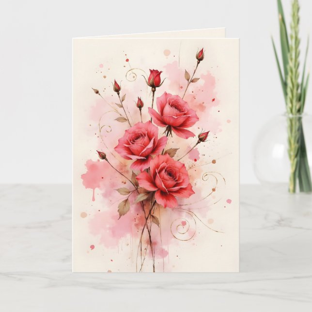 Carte Red Roses Watercolor Anniversary Valentine's Day (Devant)