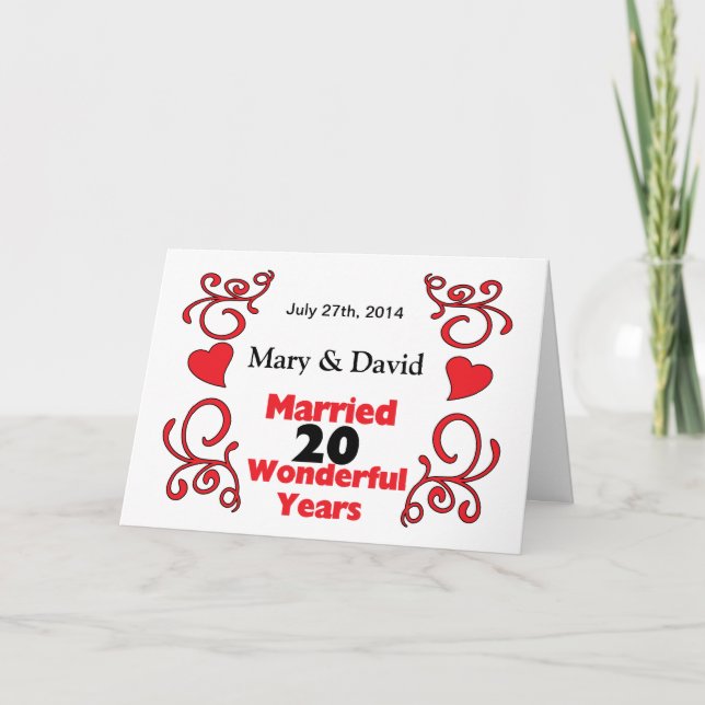 Carte Red Scroll & Hearts Noms et Date 20 Anniversaire (Devant)