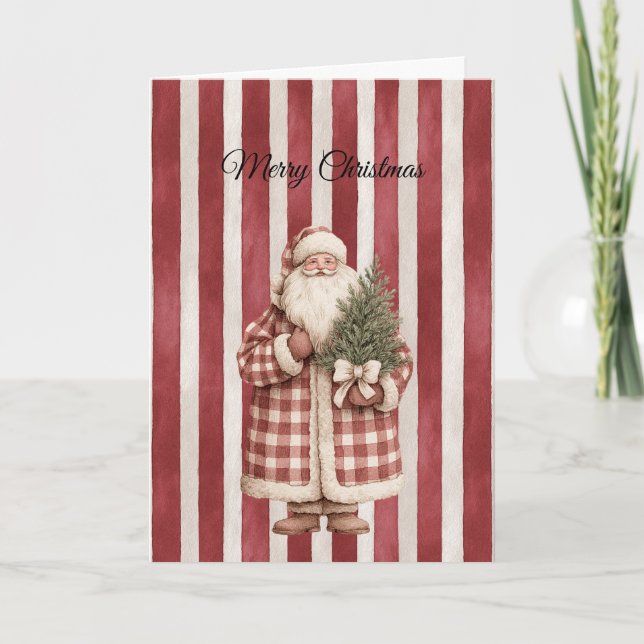 Carte Red Stripes Christmas Santa with Tree (Devant)