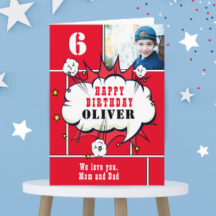 Carte Red Superhero Comic Bubble Boy Photo Anniversaire