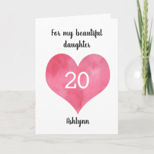Carte Red Watercolor Heart 20th Birthday Card