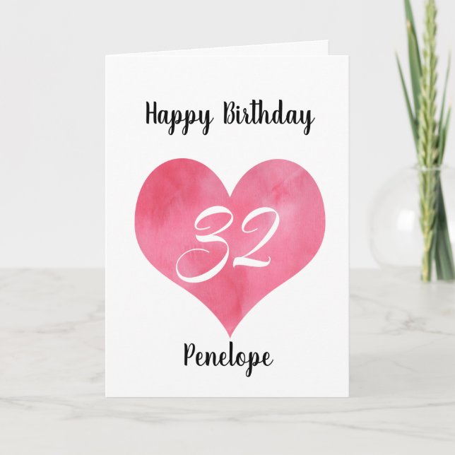 Carte Red Watercolor Heart 32nd Birthday Card (Devant)