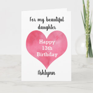Carte Red Watercolor Heart Happy 13th Birthday Card