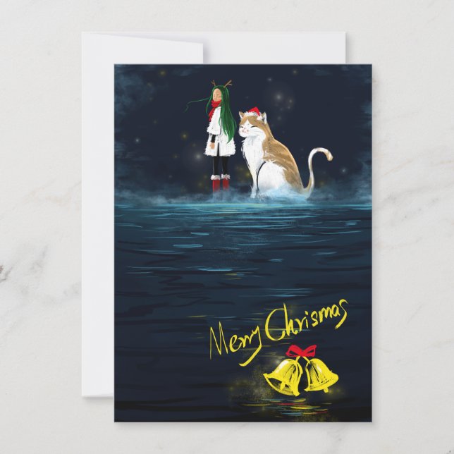 Carte Reindeer Girl Joyeux Noël Chat Fête Magique (Devant)