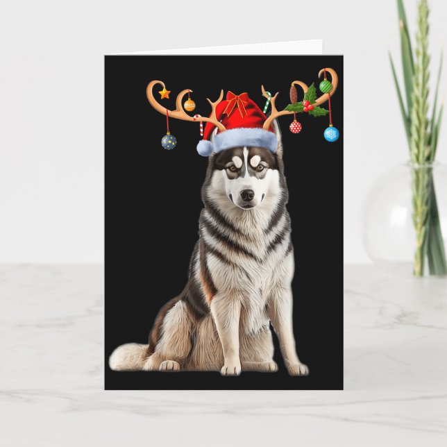 Carte Reindeer Santa Hat Christmas Pajamas Husky Dog Xma (Devant)