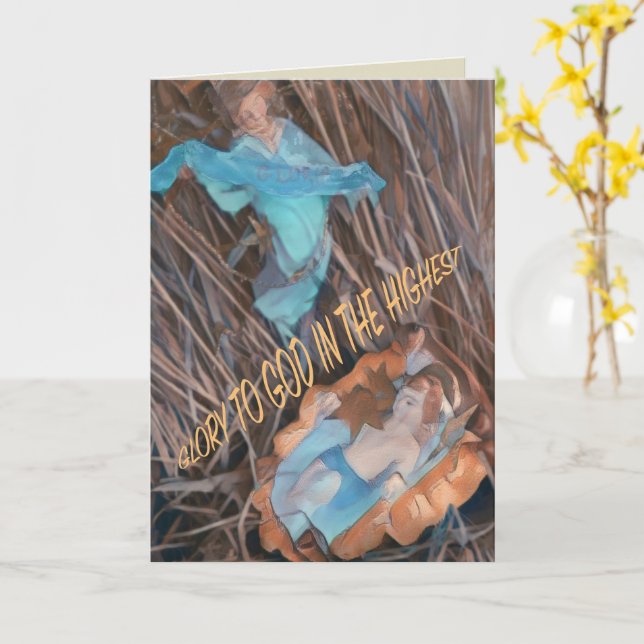 Carte Rejoice Savior is born with angel & baby Jesus (Fleur jaune)