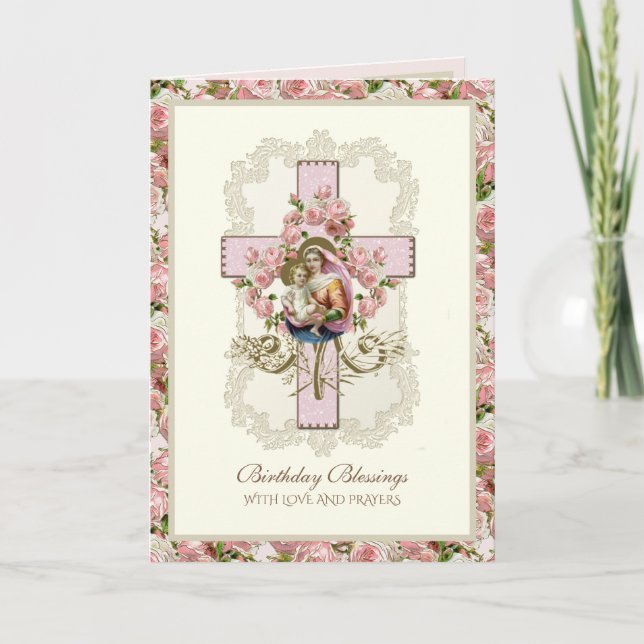 Carte religieuse Jésus Vierge Marie Fleurs Roses (Devant)