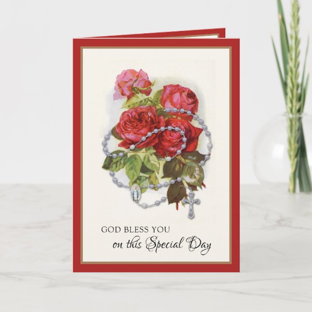 Carte Religieux Anniversaire Vierge Marie Rosaire Roses (Devant)