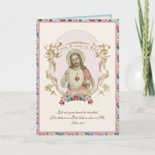 Carte Religieux Sacré Coeur Jésus Prière vintage Florale