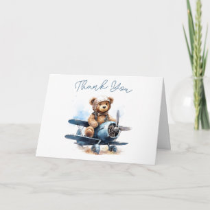 Carte Remerciement bébé avion ours en peluche aquarelle
