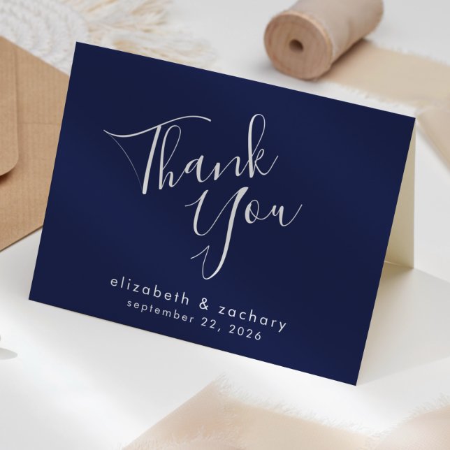 Carte Remerciement de mariage bleu marine écriture moder (Créateur téléchargé)