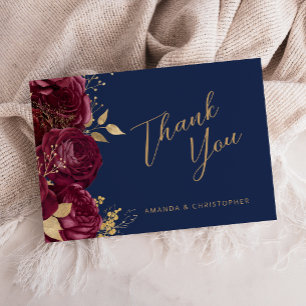 Carte Remerciement de mariage bleu marine floral or Bour