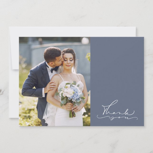 Carte Remerciement de mariage photo écriture moderne ble (Devant)