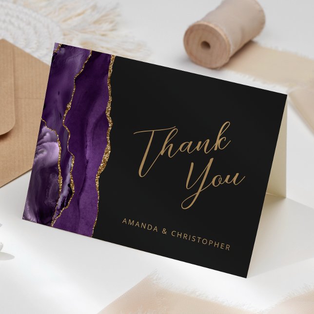 Carte Remerciement de mariage sombre écriture Agate Or V (Créateur téléchargé)