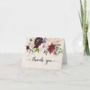 Carte Remerciement floral aquarelle marine et Bourgogne 