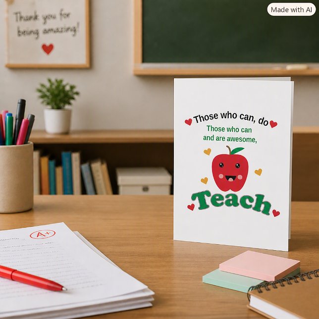 Carte Remerciement pour une appréciation d'enseignant de (A greeting card with an apple & the text, "Those who can, do.  Those who can and are awesome, teach.)