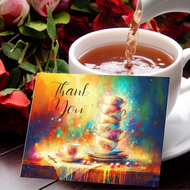 Carte Remerciement Tasses à Thé Vintage Empilées Abstrai (Express gratitude with vintage charm, perfect for tea enthusiasts.)