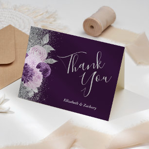 Carte Remerciements de mariage argent pourpre profond fl