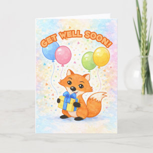 Carte Remettez-vous vite ! Renard mignon avec des ballon