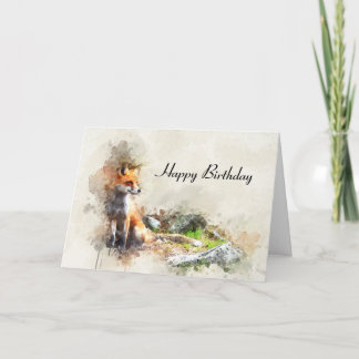 Carte Renard aquarelle et paysage Joyeux anniversaire
