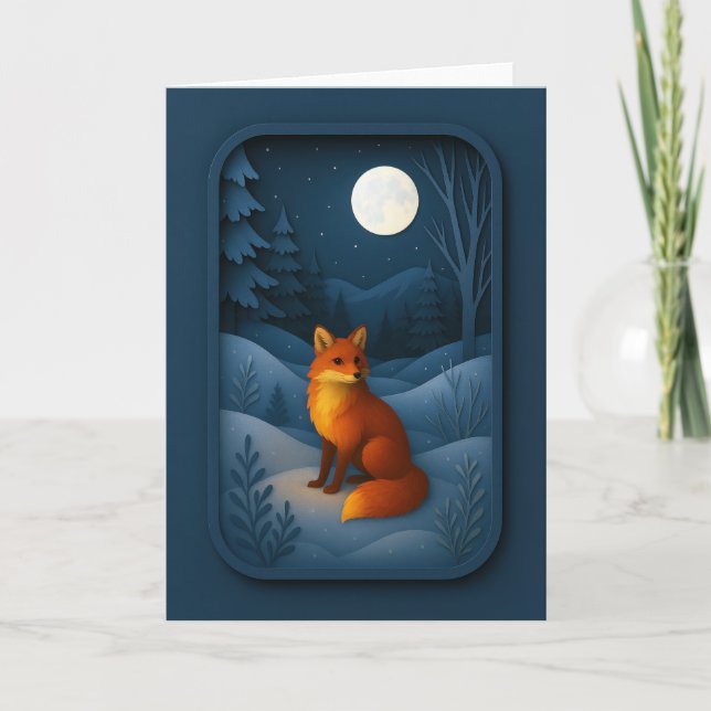 Carte Renard au clair de lune dans la forêt enneigée Car (Devant)