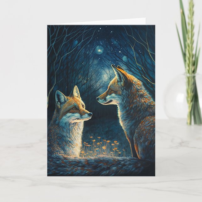 Carte Renard couple, se regardant par la lune. (Devant)