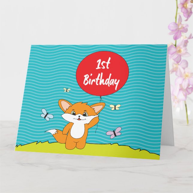 Carte Renard d'anniversaire - 1er anniversaire (Orchidée)